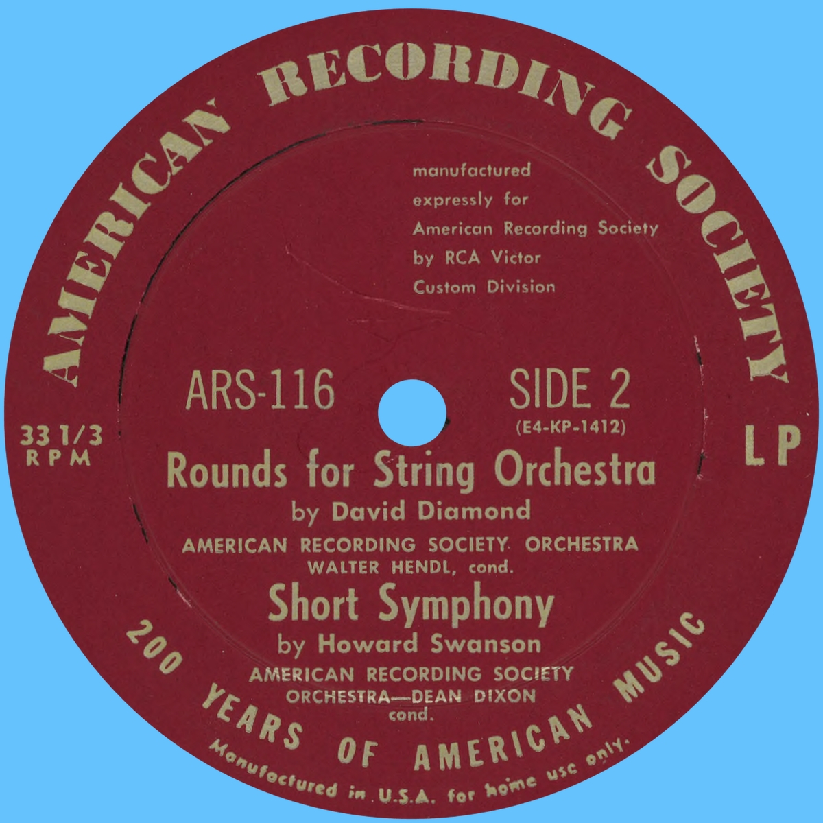 Étiquette verso du disque American Recording Society ARS 116