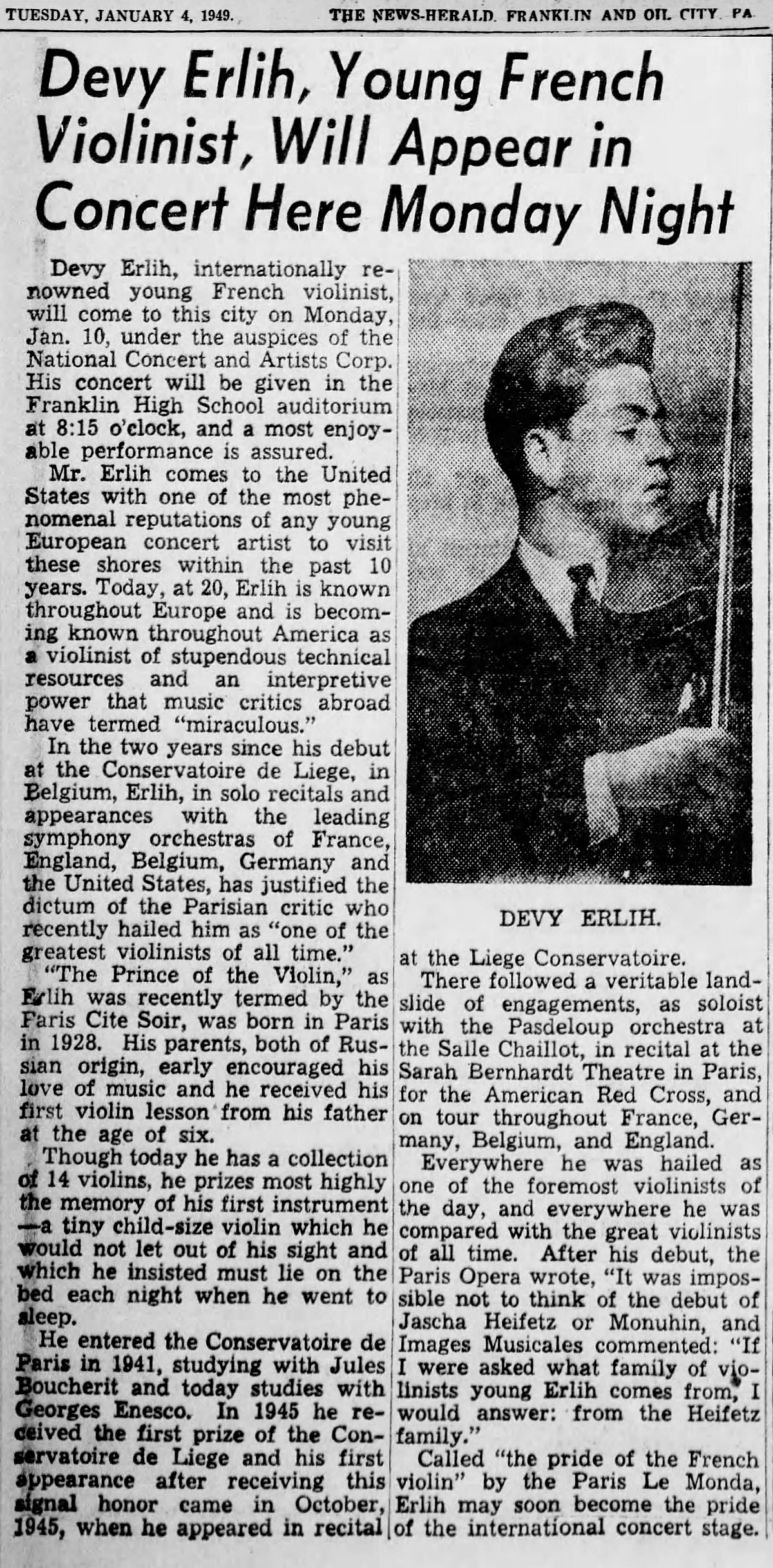 Extrait du The News Herald du 04 janvier 1949, page 11, clicquer pour une vue agrandie