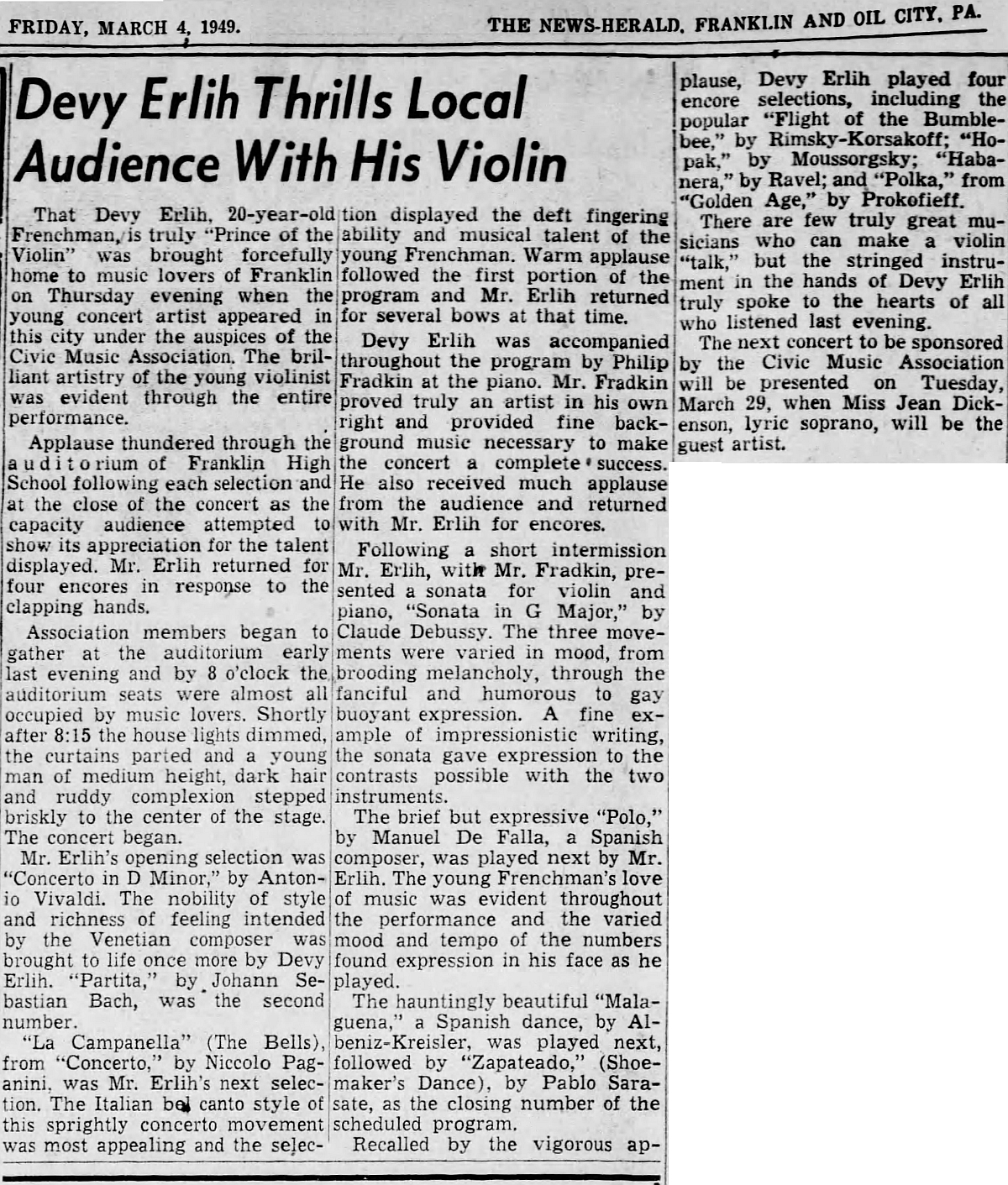 Extrait du The News Herald du 04 mars 1949, page 12, clicquer pour une vue agrandie
