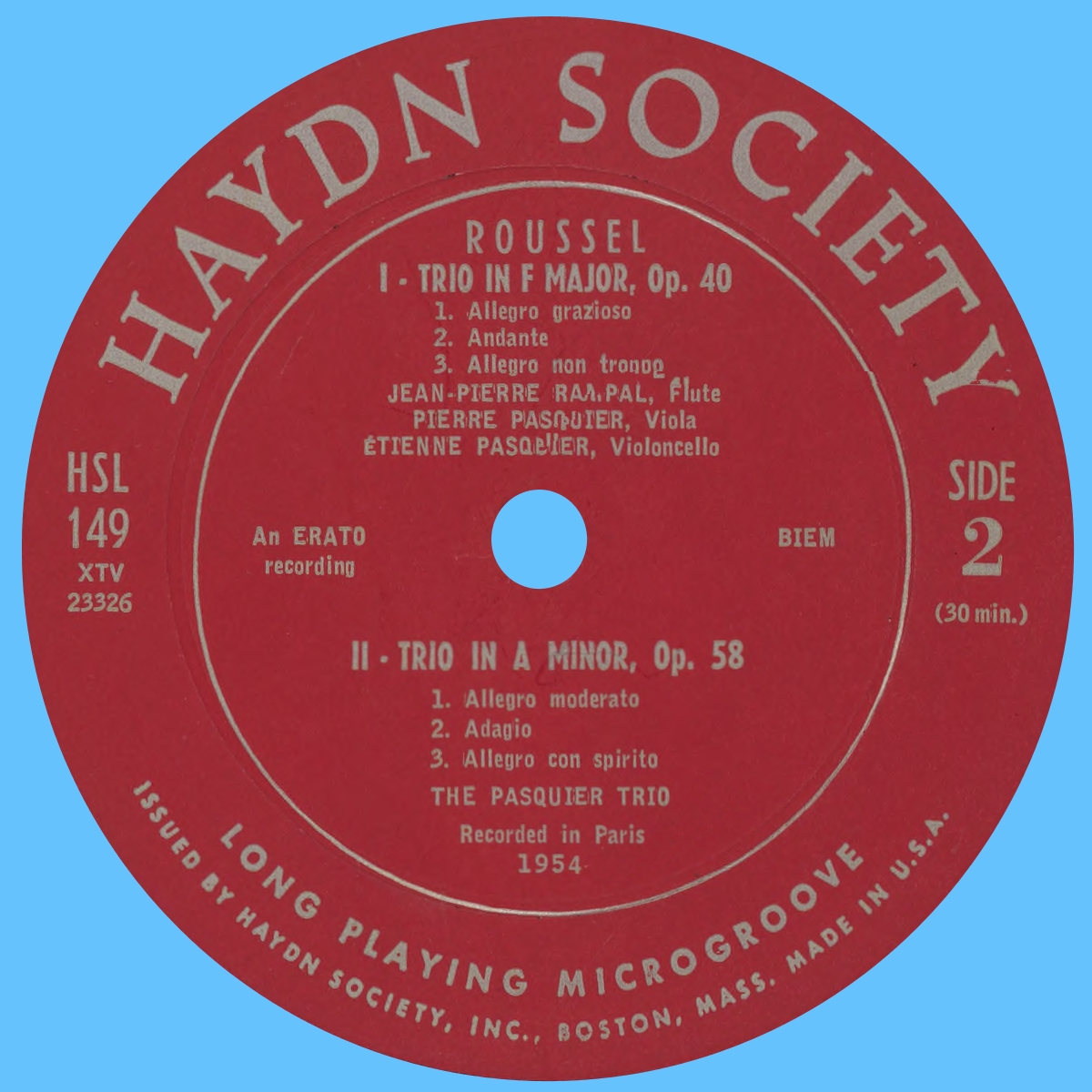 Étiquette verso du disque The Haydn Society HSL 149