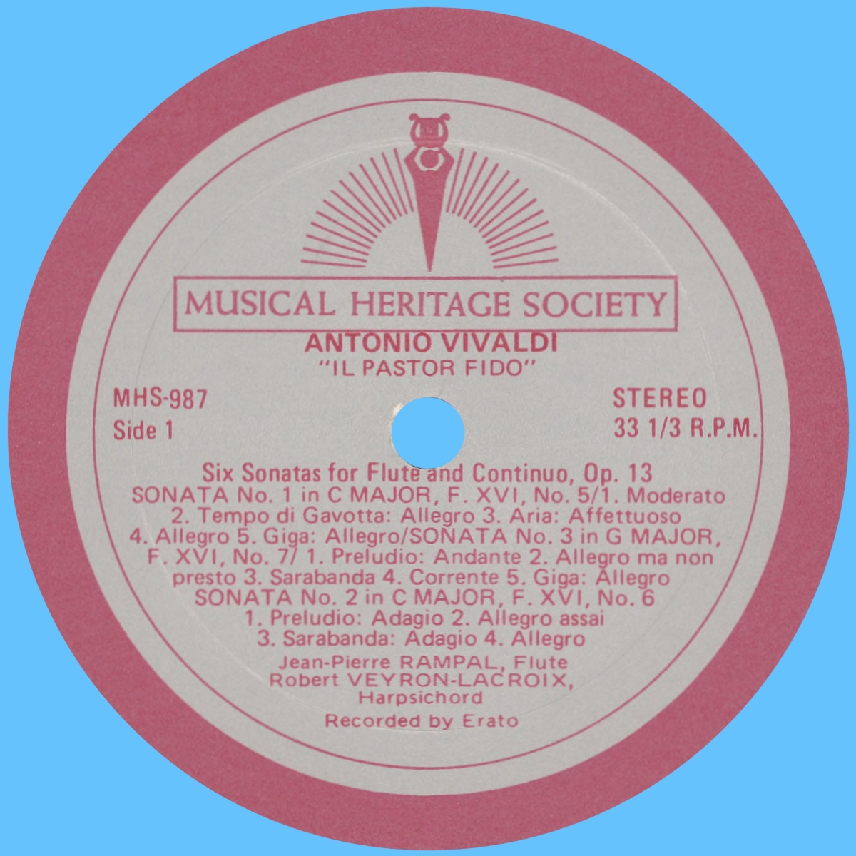 Étiquette recto du disque „The Musical Heritage Society“ MHS 987