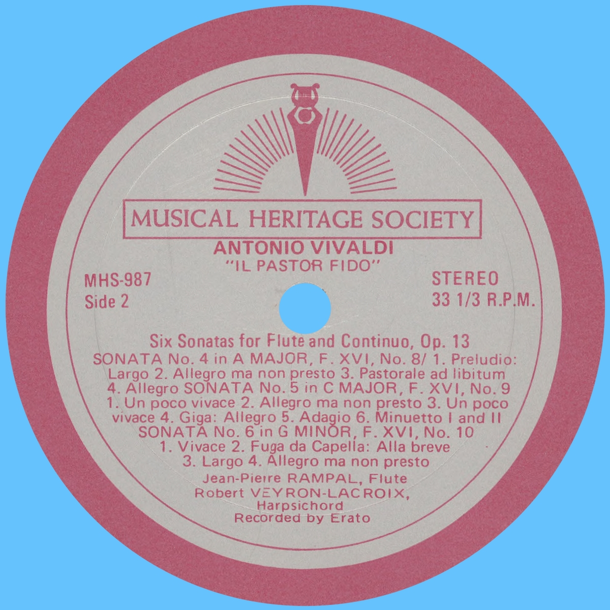 Étiquette verso du disque „The Musical Heritage Society“ MHS 987