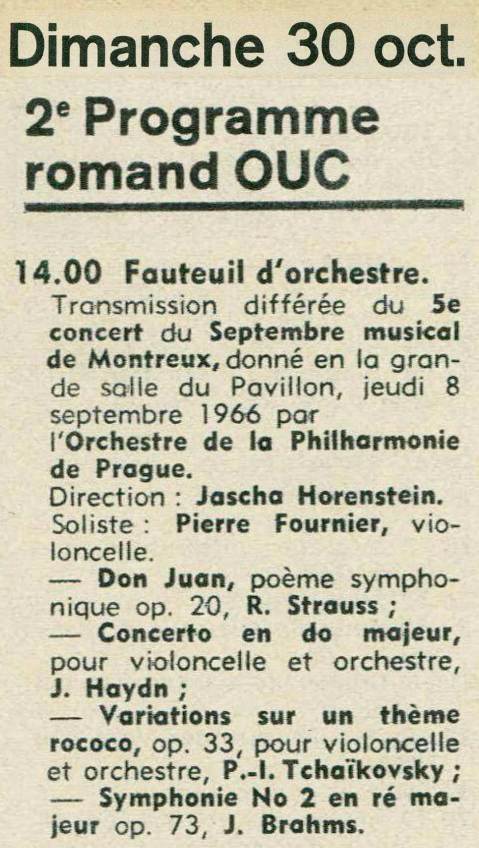 Programme du concert donné le 8 septembre 1966 au Festival de Montreux et diffusé en différé le 30 octobre suivant