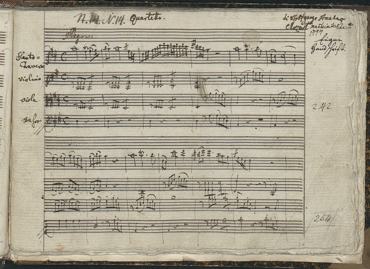1ère page de la partition avec la datation en haut à droite, Streichquartett K. V. 285, Mozart, 1777, Source: Biblioteka Jagiellonska, Mozart Aut. K 285, Digital copy identifier: DIGMUZ010013, cliquer pour une vue agrandie