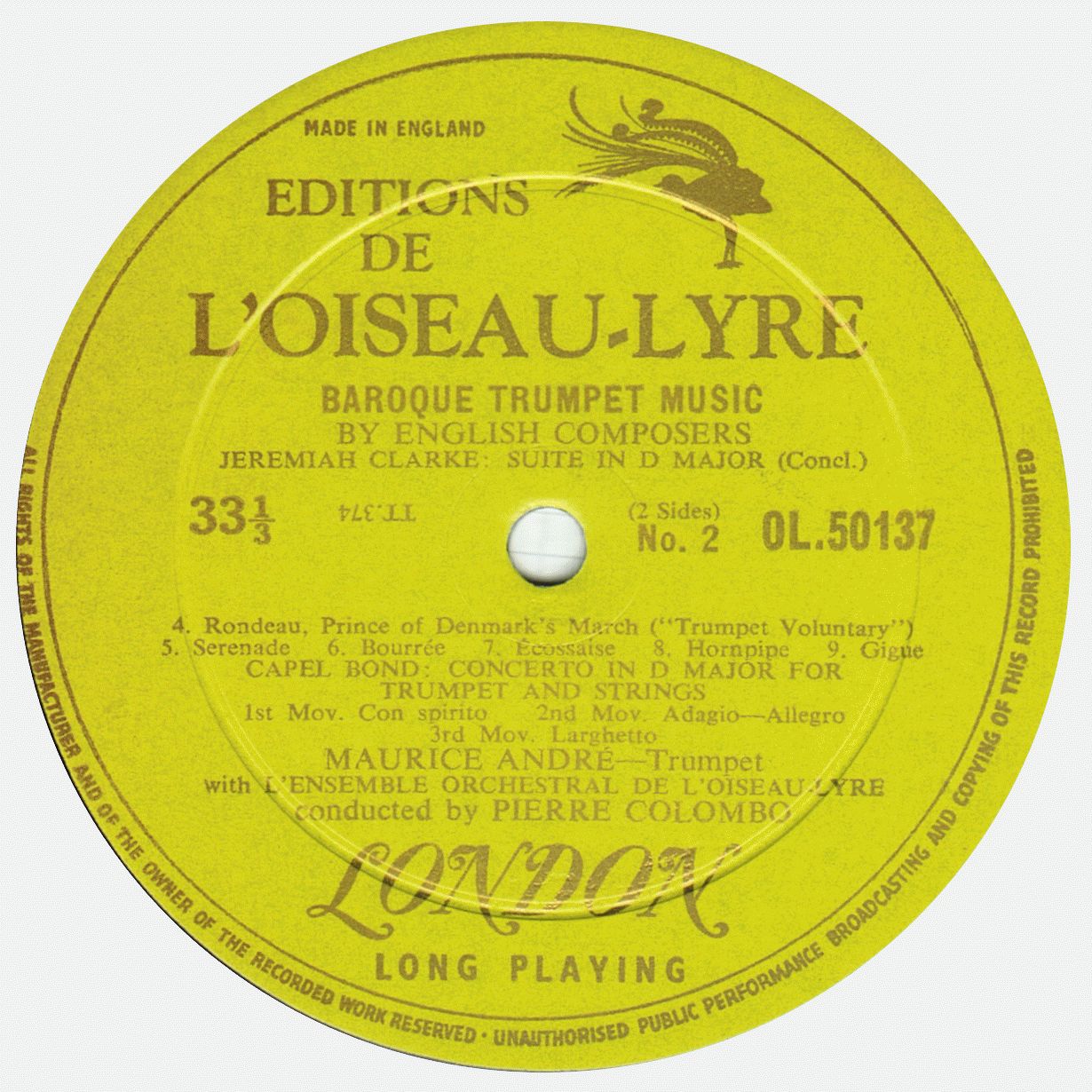 Oiseau-Lyre Records OL 50137, étiquette face 2, clicquer pour une vue agrandie