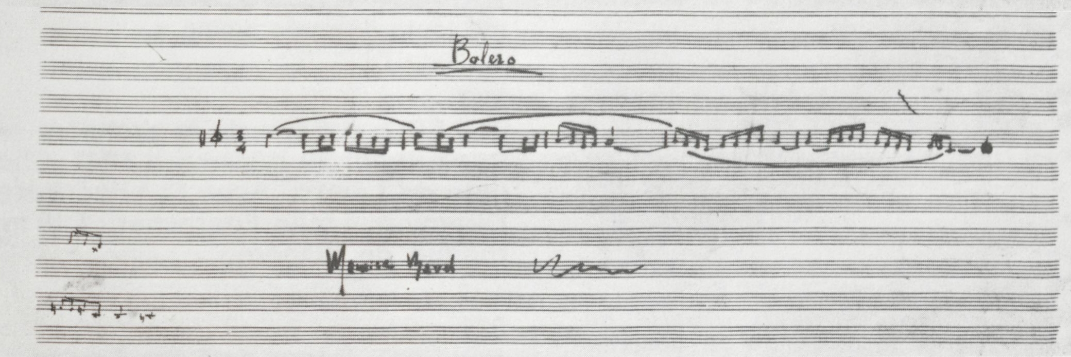 Manuscrit signé de Maurice Ravel reproduisant les cinq premières mesures du Boléro, source: http://gallica.bnf.fr/ark:/12148/bpt6k6533919c/f79, gallica, BNF