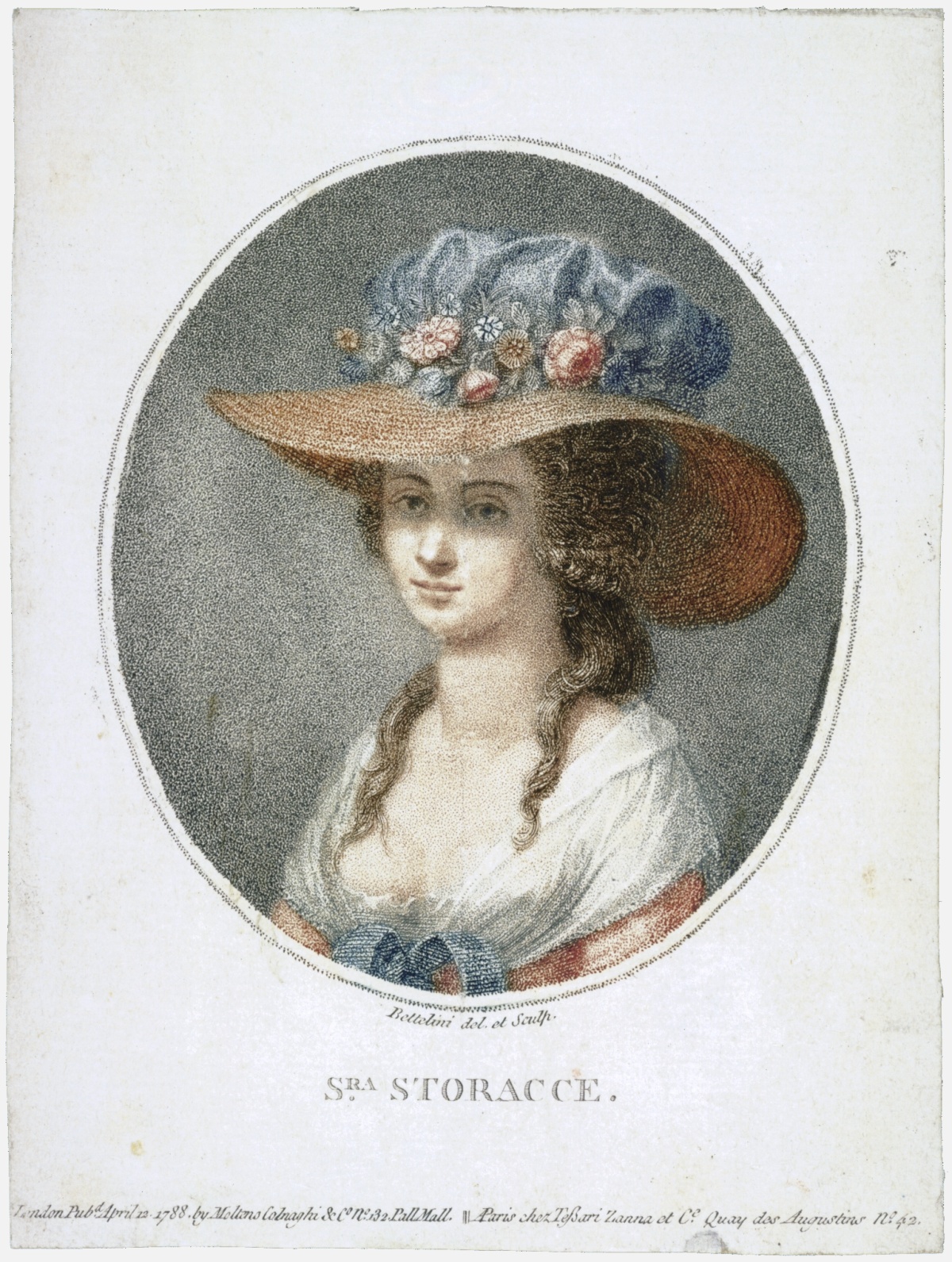 Nancy Storace (1765-1817), gravure datée de 1788, Pietro Bettelini (1763-1829). L'original se trouve à la Johann Wolfgang Goethe-Universität de Frankfurt am Main, cliquer pour une vue agrandie