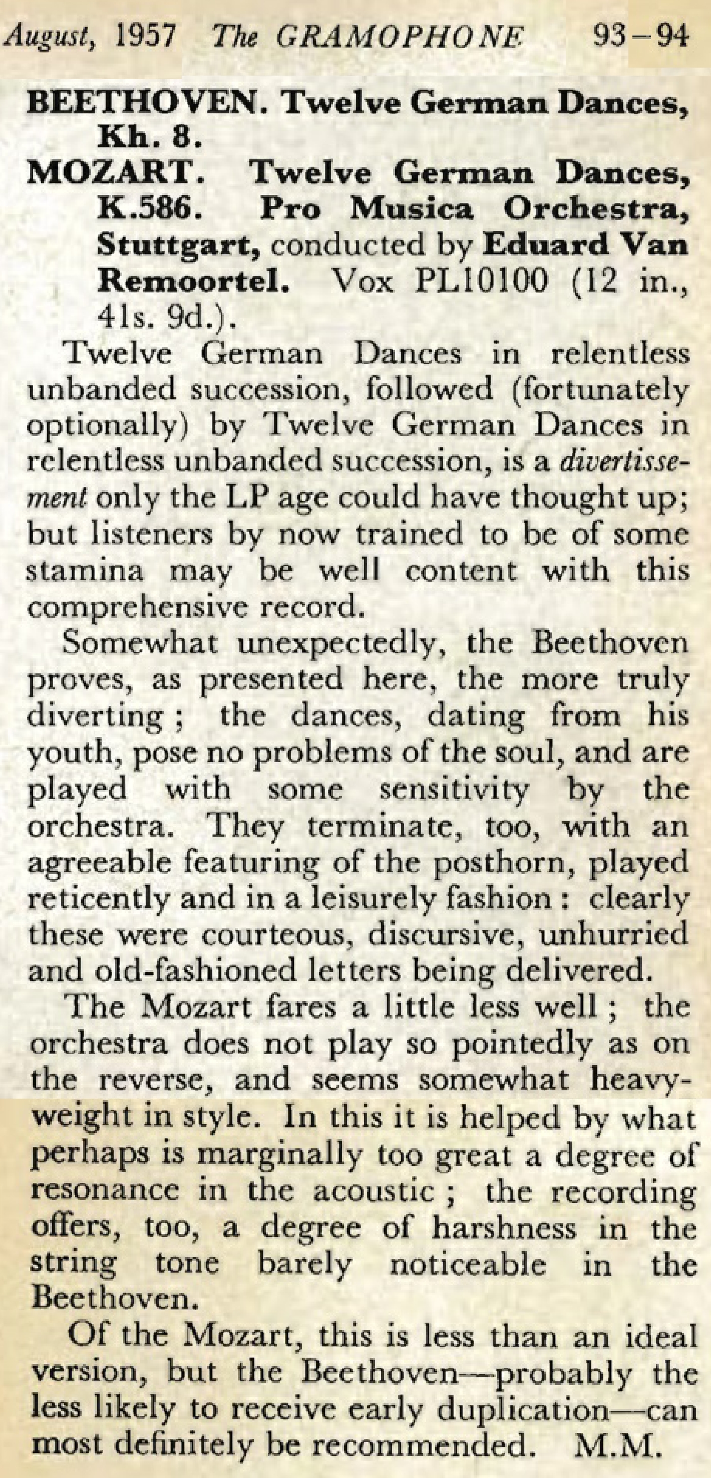 Présentation du disque VOX PL 10100, Extrait de la revue «The Gramophone» d'août 1957 en pages 93-94, cliquer pour une vue agrandie